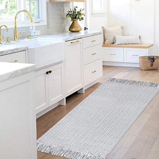 Grey Woven Cotton Rug for Kithen, Small Tassel Rug 2'x4.3' Fringe Reversible, Handwoven Front Door Mat Farmhouse Accent Washable Rug for Laundry Room Porch Bathroom Indoor Outdoor