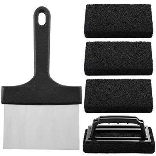 ROMANTICIST 5-Piece Premium Griddle Cleaning Kit, Handy Stainless Steel Food Scraper Combined with 4 Abrasive Anti-Grease Scouring Pads, Best Cleaning Tool Set for Commercial and Household Uses