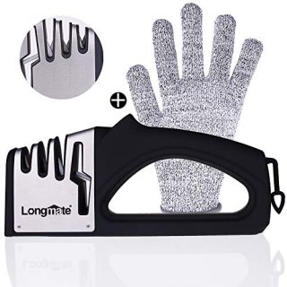 Knife and Scissor Sharpeners with Glove, Longmate 4 Stage 4-in-1 Manual Kitchen Knife Sharpener with Diamond,Tungsten,Ceramic Slot - Chefs Choice Knife Sharpening Tool