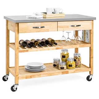 Best Choice Products 3-Tier Portable Wooden Rolling Kitchen Utility Storage Organizer Serving Bar Trolley Cart w/Stainless Steel Top, Towel Rack, Locking Casters, Natural