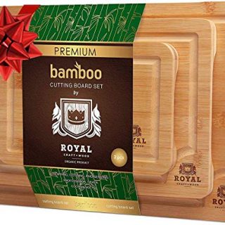 Organic Bamboo Cutting Board with Juice Groove (3-Piece Set) - Kitchen Chopping Board for Meat (Butcher Block) Cheese and Vegetables | Anti Microbial Heavy Duty Serving Tray w/Handles