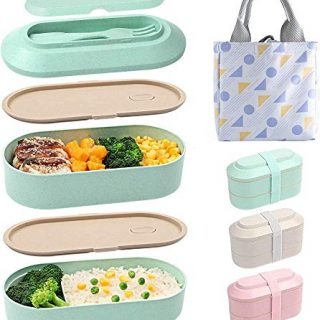 Bento Box for Adults Japanese Lunch Box, 2-In-1 Compartment, Wheat Straw, Leak-proof Eco-Friendly Stackable Bento Lunch Box with Elastic band for Kids and Adults (Green)
