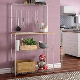 Kitchen Baker's Rack with Wooden Top Shelf, Wire Rack Organizer for Home, Microwave Cooker Pots Stand, Stainless Steel 3 Tier Kitchen Shelving Unit with Mesh Grid, Wood Countertop, Narrow Top Shelf