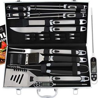 ROMANTICIST 21pc BBQ Grill Accessories Set with Thermometer - The Very Best Grill Gift on Birthday Wedding - Heavy Duty Stainless Steel Grill Utensils with Non-Slip Handle in Aluminum Case