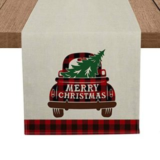 Artoid Mode Red and Black Buffalo Plaid Merry Christmas Truck Table Runner, Seasonal Winter Xmas Holiday Tablecloth Kitchen Dining Table Linen for Indoor Outdoor Home Party Decor 13 x 72 Inch