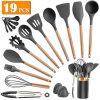 Kitchen Utensils Set Silicone Cooking Utensils - SZBOB Heat Resistant Kitchen Tools Wooden Handle Spoons Kitchen Utensil Set with Holder Spatulas Turner Tongs Whisk Kitchen Appliances for Cooking