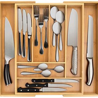 Secura Bamboo Expandable Drawer Organizer, Silverware Utensil Holder and Cutlery Tray for Kitchen, Office, Bathroom and Home (8 Expandable Compartments)