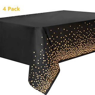 vannyster 4 Pack Plastic Tablecloths for Rectangle Tables, Disposable Black Party Table Cloths, Gold Dot Confetti Table Covers, for Birthday/Graduation/Anniversary/Event, 54”x108”
