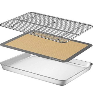 Baking Sheet with Silicone Mat, Umite Chef 16 x 12 x 1 inch Cookie Sheet Baking Pan, Non Toxic Silicone Baking Mat & Stainless Steel Cooling Rack Heavy Duty & Easy Clean