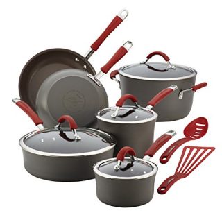 Rachael Ray Cucina Hard Anodized Nonstick Cookware Pots and Pans Set, 12 Piece, Gray with Red Handles