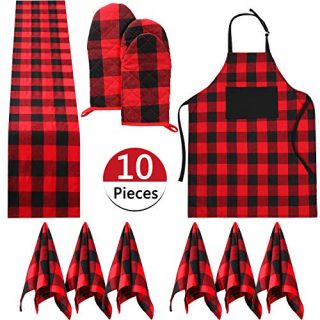 10 Pieces Christmas Buffalo Plaid Check Table Runner Placemat Red Black cloth Napkins Oven Heat Resistant Buffalo Plaid Cotton Apron Adjustable with Pocket Extra Long Ties Set for Kitchen Cook
