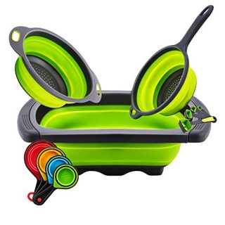 Colander collapsible, Colander Strainer Over The Sink Vegetable/Fruit Colanders Strainers Kitchen Mesh Strainers With Extendable Handles, Folding Strainer for Kitchen (Green)