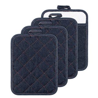 GROBRO7 4Pack Pocket Pot Holders Cotton Heat Resistant Denim Potholder Multipurpose Hot Pads Machine Washable Oven Mitts Terry Cloth Potholders Bulk for Daily Kitchen Baking and Cooking 7 x 9 Inch