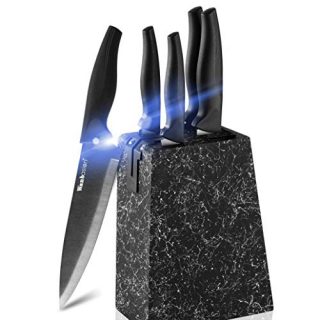 Wanbasion Marbling Black Kitchen Knife Set Block, Kitchen Knife Set Block Wood, Professional Kitchen Knife Set Block with Knife Sharpener