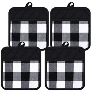 4 Pieces Buffalo Check Pot Holders with Pocket Cotton Potholders Buffalo Plaid Cloth Gloves Pocket Black and White Pot Holders for Kitchen