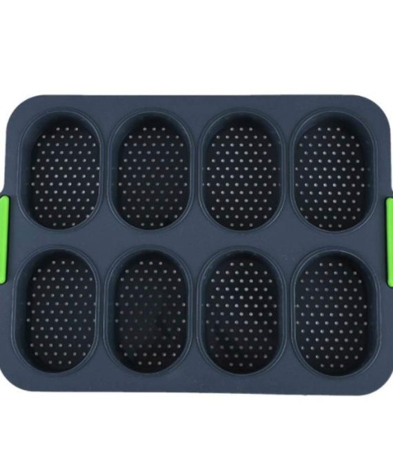 IUAQDP 8 Holes Non-Stick Silicone Bread Baking Tray DIY Mini Kitchen Mold Oval Pastry Tool Baguette Muffin Pan with Handles Dark Gray