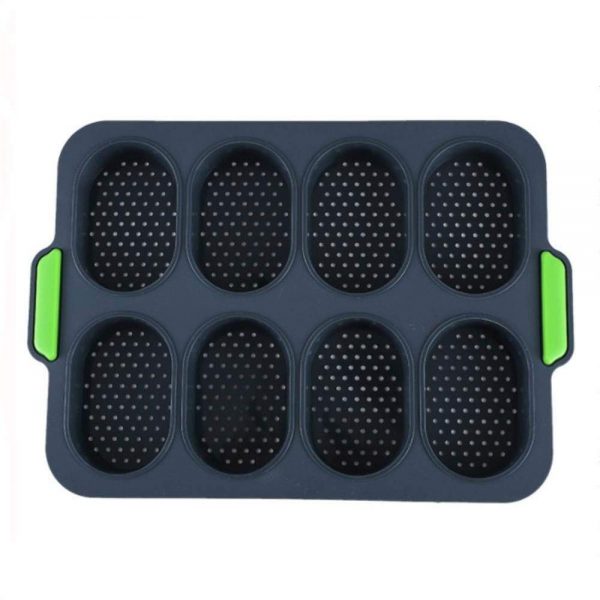 IUAQDP 8 Holes Non-Stick Silicone Bread Baking Tray DIY Mini Kitchen Mold Oval Pastry Tool Baguette Muffin Pan with Handles Dark Gray
