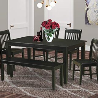 East West Furniture 6-Piece Dinette Set Included a Rectangular Dinner Table and 4 Dining Room Chairs Plus a Lovely Bench - Solid Wood Kitchen Chairs Seat & Slatted Back - Black Finish