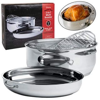Oval Multi Roaster- 3-in-1 Stock Pot (11 QT), Turkey Roasting Pan w Rack and Saute Cookware- Stainless Steel Tri Ply, Induction Compatible w Stick Resistant Interior