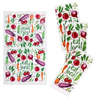 Kitchen Designers Set of 4 Decorative Soft and Absorbent Cotton Dish Towels, 15" x 25", Eat Local