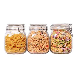 ComSaf Airtight Glass Canister Set of 3 with Lids 34oz Food Storage Jar Square - Storage Container with Clear Preserving Seal Wire Clip Fastening for Kitchen Canning Cereal,Pasta,Sugar,Beans,Spice