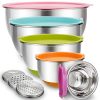 Mixing Bowls with Airtight Lids, Blingco Stainless Steel Metal Nesting Bowls Set of 5, Size 5, 3, 2, 1.5, 0.63 QT, 3 Grater Attachments, Measurement Marks & Colorful Non-Slip Bottoms