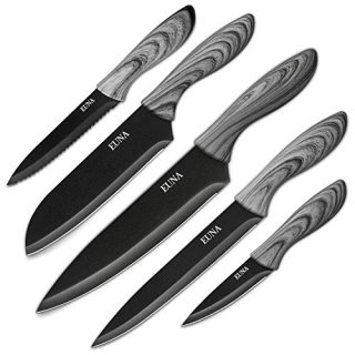 EUNA 5 PCS Kitchen Knife Boxed Set Ultra Sharp Japanese Knives with Sheaths and Gift Box Chefs Knives Set for Professional Multipurpose Cooking with Ergonomic Handle & Grey Wood Texture