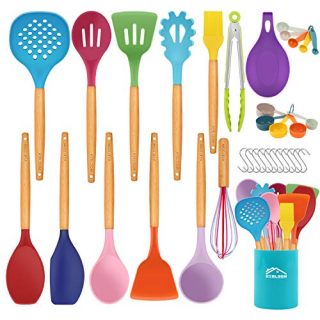Aybloom 25 PCS Silicone Kitchen Cooking Utensil Set, Wooden Handles BPA Free Heat Resistant Silicone Kitchen Cooking Tool for Nonstick Cookware(Colorful 25pcs)
