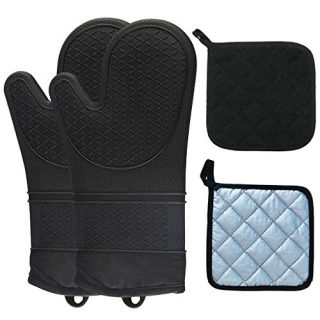 FuncDEme Silicone Oven Mitts and Pot Holders, 4 Piece Set, Professional Heat Resistant to 500℉, Flexible Oven Gloves with Quilted Liner, Thicken Non-Slip Grip, Black, 13.38 Inch