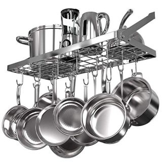 Vdomus Square Grid Wall Mount Pot Rack, Kitchen Cookware Hanging Organizer with 15 Hooks,29.3 by13-inch (SIlver)