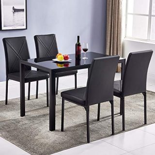 Bonnlo Dining Table Set for 4, Elegant Kitchen Dining Set 5 Pieces Modern Designed Tempered Glass Tabletop with Upholstered Chairs, Black