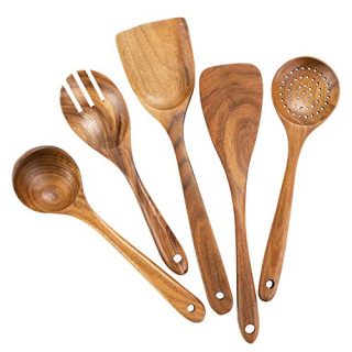 Wooden Cooking Utensils,Mondayou Teak Wooden Spoons for Cooking Wood Utensil for Nonstick Cookware,Kitchen Utensils Set 5
