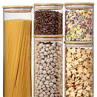 Stackable Kitchen Canisters Set, Aitsite Clear Glass Jars for Home Kitchen, Upgrade Thicken Airtight Food Storage jars with Wood Bamboo Clamp Lids for Spaghetti, Flour, Coffee, Sugar, pasta, 5 Pack