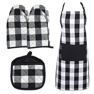HaiMay 4 Pieces Buffalo Check Pot Gloves Oven Mitts Kitchen Aprons Black and White Plaid Oven Mitts Pot Holders Set Kitchen Collection Check Plaid Gift Set