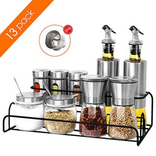 13 Pcs Spice Containers Glass Set with Spice Rack Include (Salt and Pepper Grinder/oil and vinegar dispenser set/Sugar Bowl with Lid and Spoon/Spice Jars Glass Empty/Spice Labels) for Kitchen