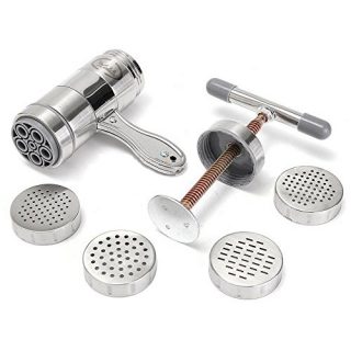 Iusun Noodle Maker with 5 Noodle Mould, Stainless Steel Portable Manual Pasta Mold Machine Fruits Juice Press Kitchen Tool (Silver)