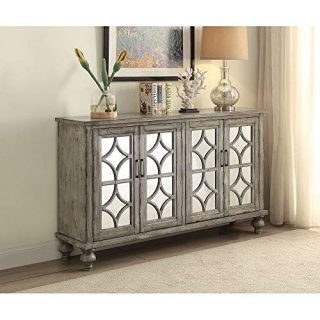 Knocbel Vintage Wood Console Table Buffet Sideboard with 4 Mirrored Glass Doors, Storage Cabinet for Home Kitchen Dining Room, Fully Assembled, 60" L x 15" W x 37" H (Weathered Gray)