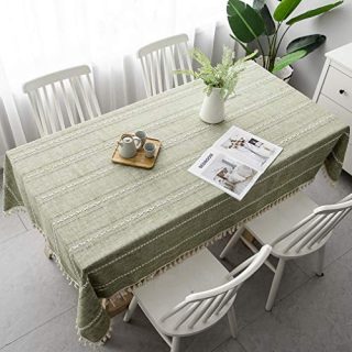 Pahajim Table Cloth Cotton Linen Tablecloth Wrinkle Free Stitching Tassel Tablecloth Rectangle Table Cloth for Dinning Kitchen Tabletop Decoration (Light Olive Green, Rectangle/Oblong，55 x 71 Inch)