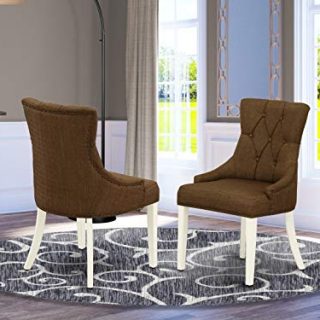 East West Furniture Luxury Friona Dining Padded Chairs - Dark Coffee Linen Fabric - Linen White Finish Hardwood Legs - Set of Two