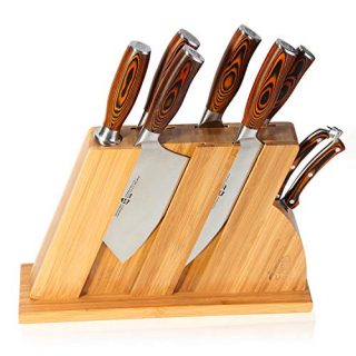 TUO Cutlery Knife Set with Wooden Block, Honing Steel and Shears - Forged HC German Steel X50CrMoV15 with Pakkawood Handle - Fiery Series 8pcs Knives Block Set TC0714