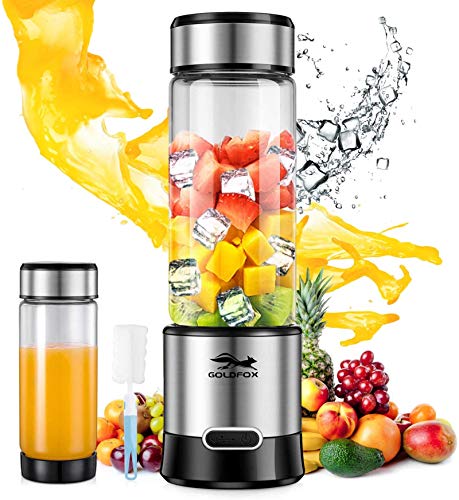 Portable Blender, GOLDFOX USB Rechargeable Personal Blender for Shakes and Smoothies, 15oz Detachable Portable Juicer Cup Small Fruit Juice Mixer for Travel, Gym, Office etc. FDA BPA Free (with Brush)