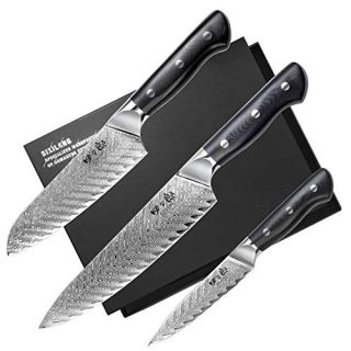 SIXILANG Damascus Kitchen Knife Set 3 Piece, 67 Layer Handmade Japanese AUS10 Steel Core Forged Chef Knife, Japanese Santoku Knife, Utility Knife, High-end Professional Kitchen Knives