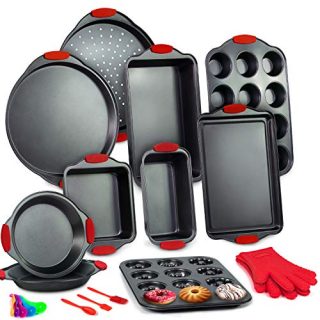 Nonstick Bakeware Set with Grips includes Nonstick Cake Pans/Muffin Pan/Cupcake Pan,Baking Pan Set with Red Handle,Carbon Steel