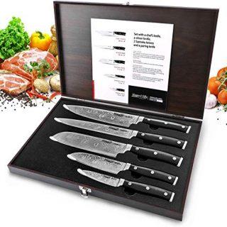 Knife Set, Elegant Life Professional Kitchen 5 Pieces Knife Set with Wooden Box, Stainless Steel Finish, Includes Chef Knife, Bread Knife, Carving Knife, Utility Knife and Paring Knife