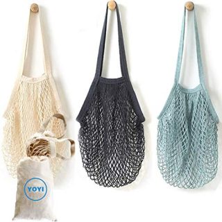 YOYI Reusable Produce Bags,Cotton Mesh Grocery Bags,Vegetable Bag,Washable, Portable,100% Cotton Mesh String Organizer Shopping Bag Long Handle Net Tote(3+1 Pack)