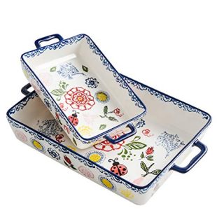 Ceramics Rectangular Baking Dish Set, 2-piece, Baking Pans for Cooking,Cake dinner, Kitchen, Banquet and Daily Use, Stoneware Hand-painted Lasagna Pan,10.63 x 7.48 Inch and 7.48 x 5.12 Inch