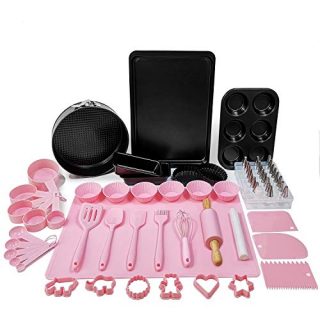 Baking Set Nonstick Bakeware Kit with Cake Decorating Supplies Pastry Mat Mini Rolling Pin Cake Cookie Muffin Cupcake Pans Icing Tips Silicone Spatula Whisk Measuring Cups - 74 Piece (Pink)