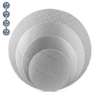 Tebery 12 Pack Silver Reusable Cake Drums Round Cake Circles 1/4 Inch Thick Cake Base Cardboard - 6 + 8 + 10 + 12 Inch