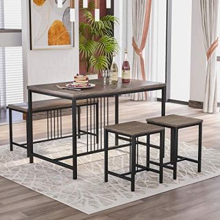 P PURLOVE 4 Piece Wooden Dining Table Set with Metal Frame Wood Kitchen Table Set with One Bench and Two Stools Dining Room Table Set for 4,Brown