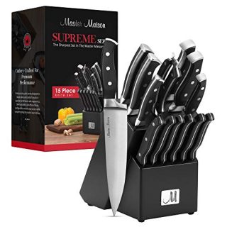 15-Piece Premium Kitchen Knife Set With Wooden Block | Master Maison German Stainless Steel Cutlery With Knife Sharpener & 6 Steak Knives (Black)